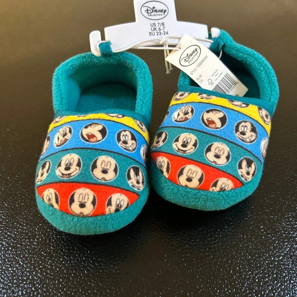 Disney Mickey Mouse Slippers Kids Size 7/8 Blue Fleece Slip On Cozy Character